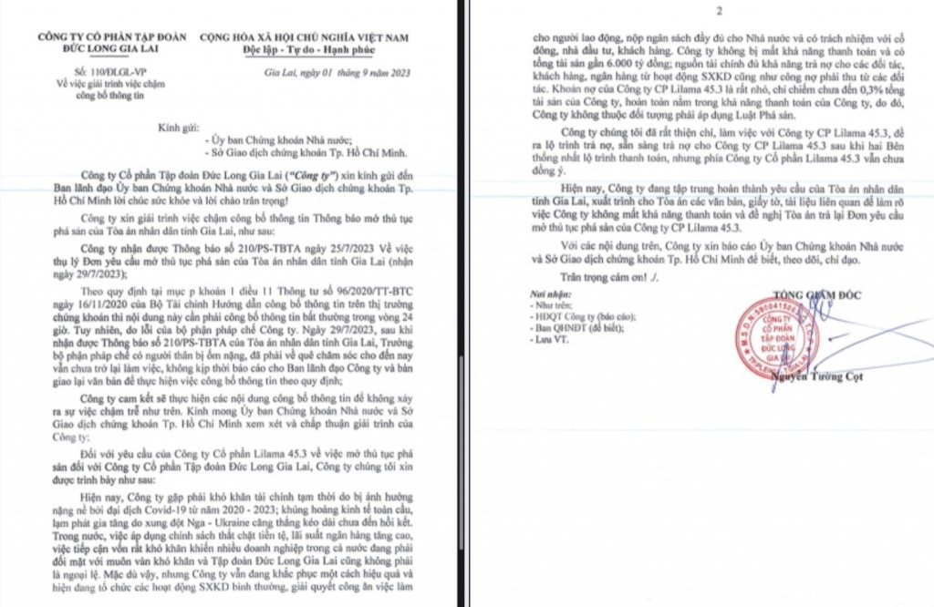 Văn bản giải trình của Công ty CP Tập đoàn Đức Long Gia Lai về việc chậm công bố thông tin yêu cầu mở thủ tục phá sản