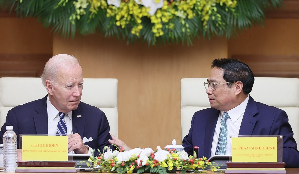 Thủ tướng Phạm Minh Chính và Tổng thống Joe Biden tại Hội nghị cấp cao Việt Nam-Hoa Kỳ về Đổi mới sáng tạo và Đầu tư. (Ảnh: Dương Giang/TTXVN)