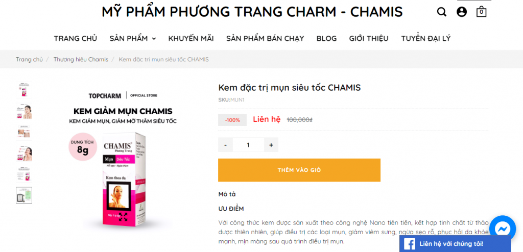 Sản phẩm kem ngừa mụn CHAMIS Phương Trang được quảng cáo thành “Kem đặc trị mụn siêu tốc CHAMIS”