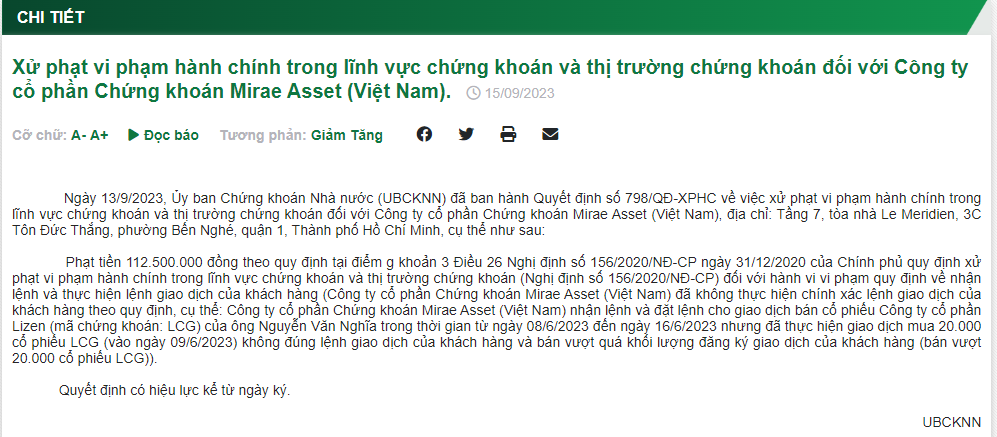 Thông tin xử phạt của UBCKNN