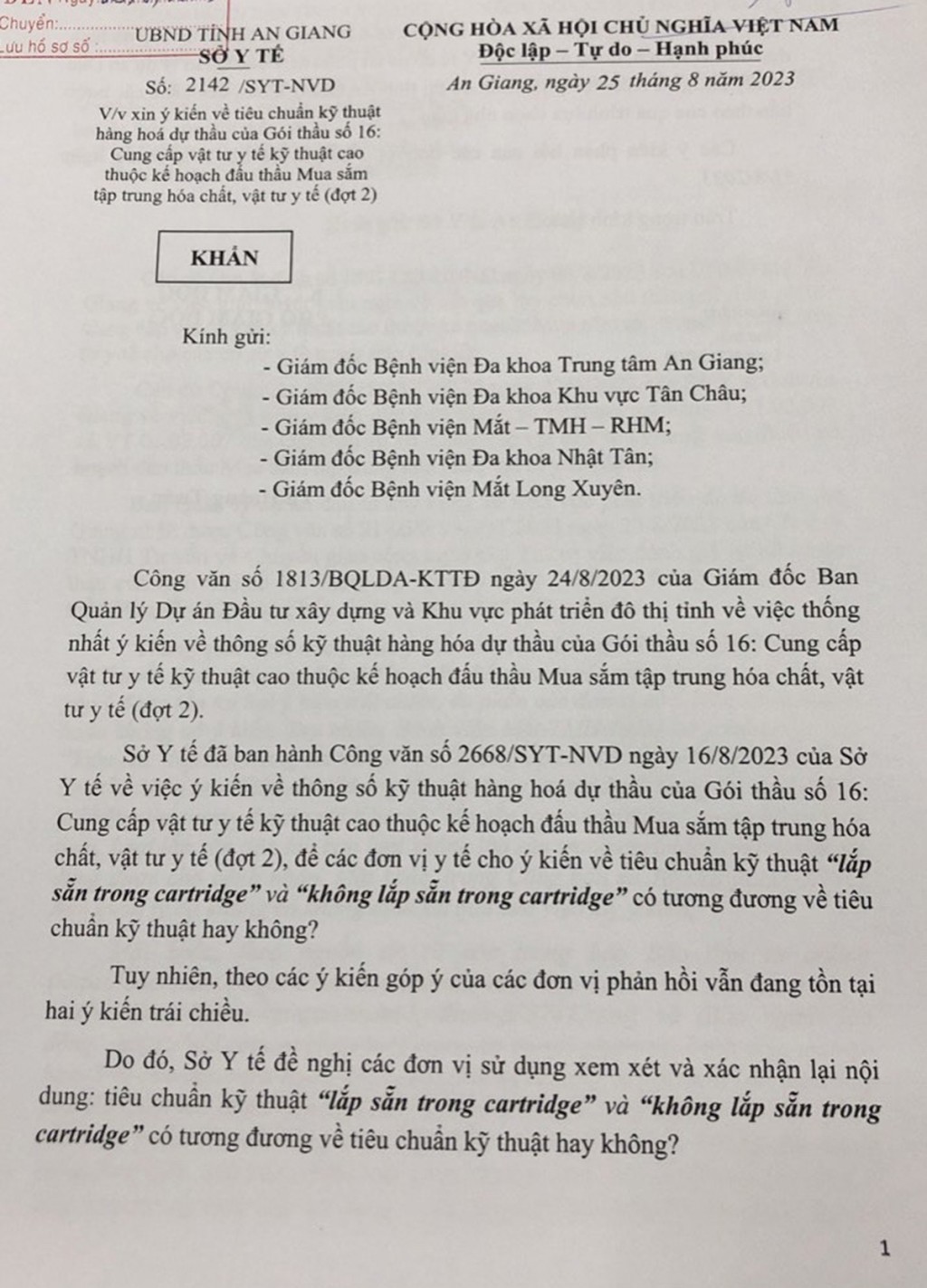 Công văn của Sở Y tế gửi 5 bệnh viện