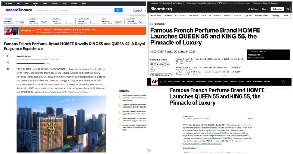 Sức hút của QUEEN 55 và KING 55 trên thị trường nước hoa được truyền thông quốc tế lớn như Bloomberg, Yahoo News, AP News đăng tin.