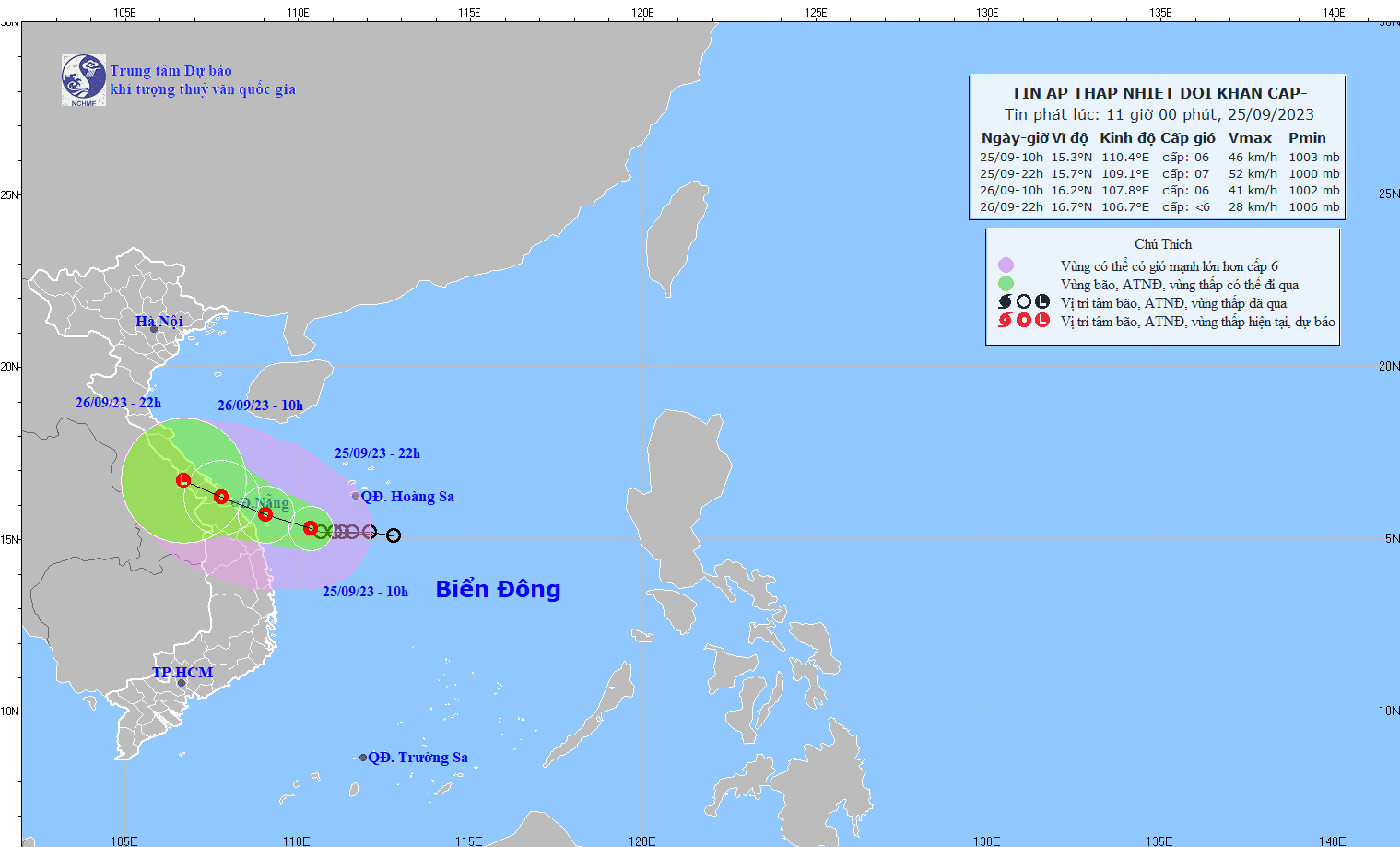Vị trí và hướng di chuyển của áp thấp nhiệt đới (Nguồn nchmf.gov.vn)