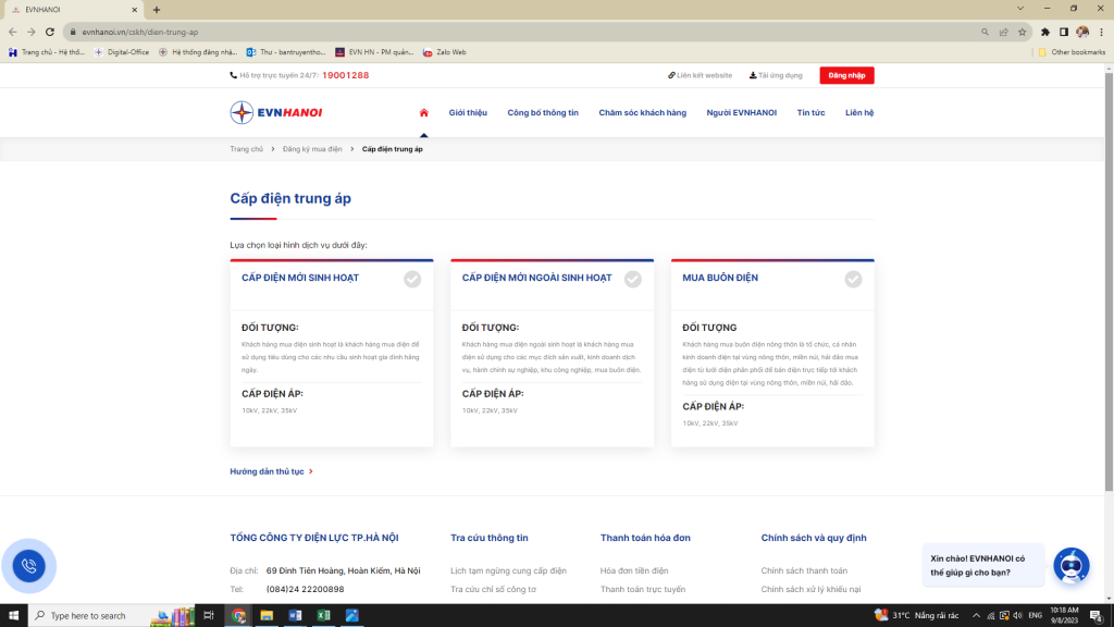 Thông tin đăng ký cấp điện trung áp trên website: evnhanoi.vn
