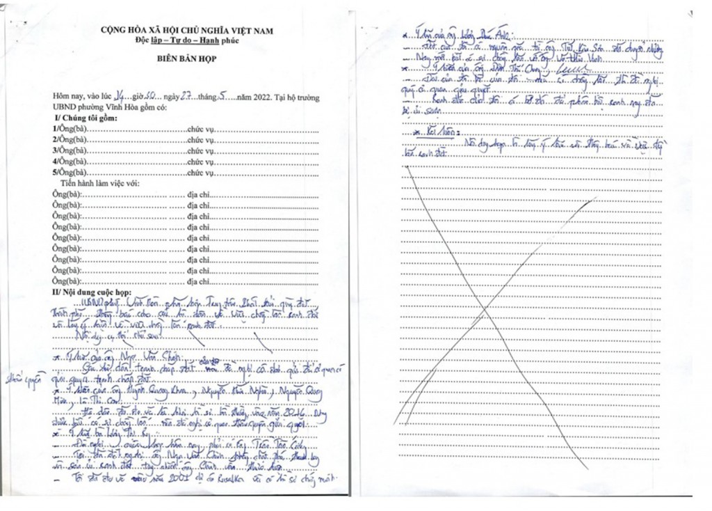 Biên bản viết tay buổi họp dân thông báo chồng lấn đất của ông Chinh do UBND phường Vĩnh Hòa tổ chức ngày 27/5/2023, chỉ hơn 1 trang