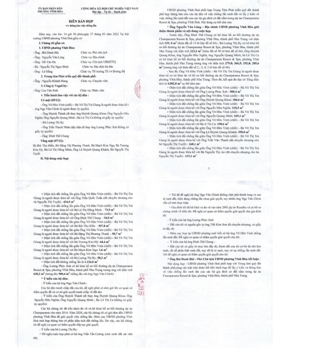 Biên bản đánh máy làm  giả sau đó, về buổi họp dân thông báo chồng lấn đất của ông Chinh do UBND phường Vĩnh Hòa tổ chức ngày 27/5/2023, dài 4 trang ghi nhiều nội dung không có trong cuộc họp