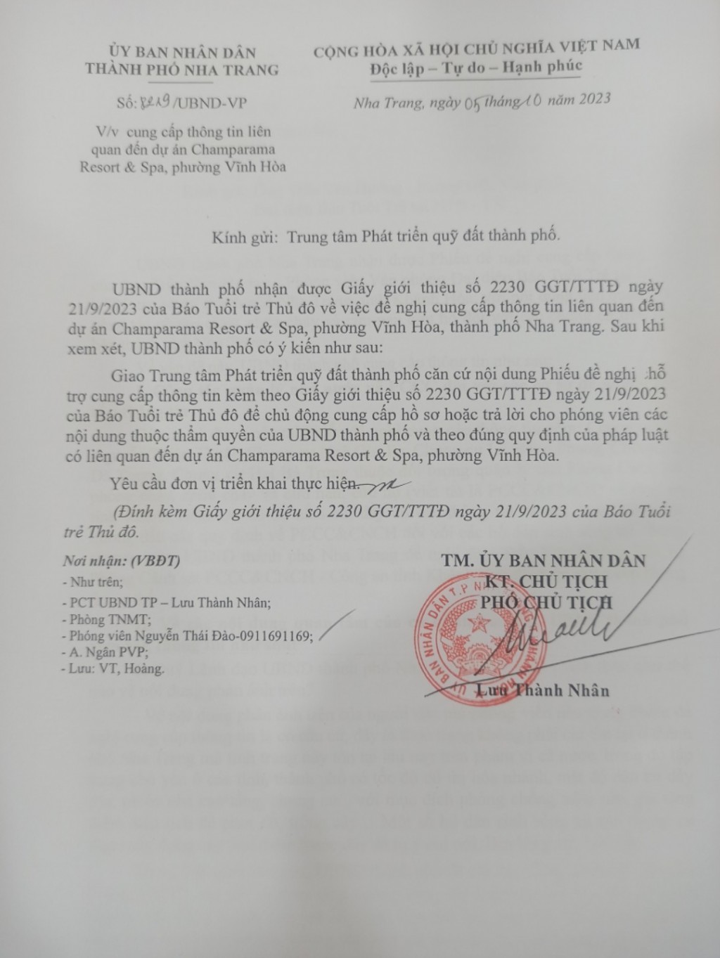 Công văn ngày 5/10/2023 của Phó chủ tịch UBND thành phố Nha Trang Lưu Thành Nhân chỉ đạo Trung tâm Phát triển quỹ đất thành phố Nha Trang trả lời phóng viên báo Tuổi trẻ Thủ đô