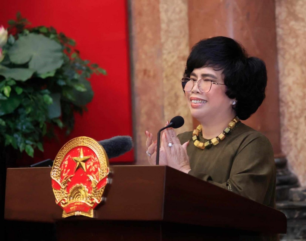 Anh hùng Lao động Thái Hương - Chủ tịch Hiệp hội Nữ doanh nhân Việt Nam (VAWE) phát biểu