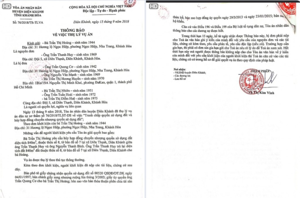 TAND huyện Diên Khánh thụ lý theo Thông báo số 76/2018/TB-TLVA ngày 13/9/2018, sau đó chuyển vụ án lên TAND tỉnh Khánh Hòa, nhưng đến nay vẫn chưa đưa ra xét xử