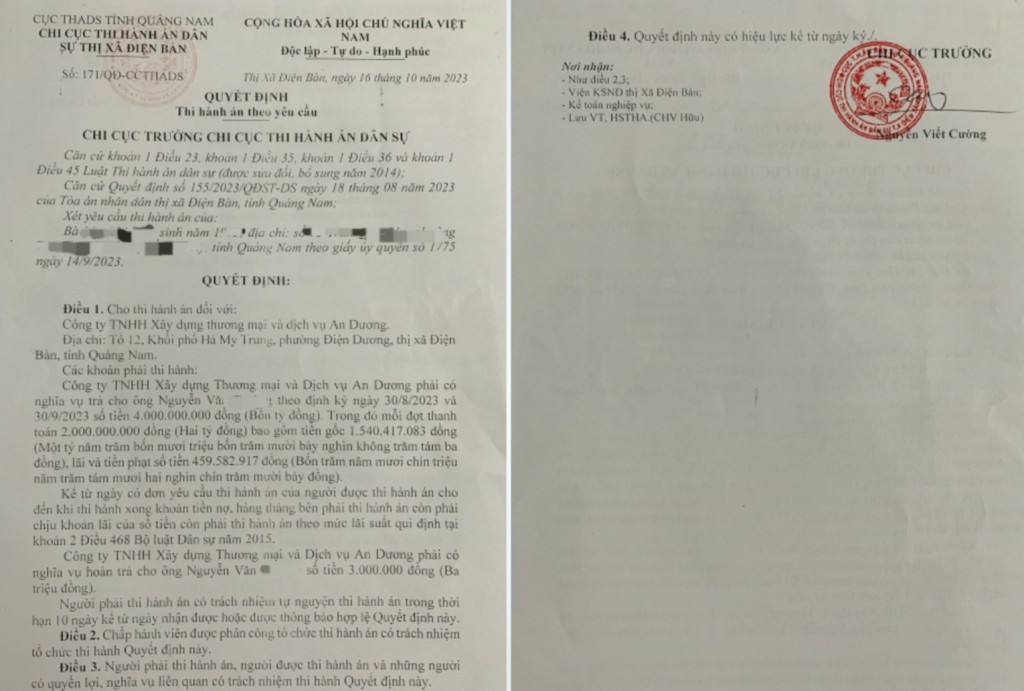 Quyết định buộc thi hành án đối với Công ty An Dương của Chi cục thi hanh án Điện Bàn