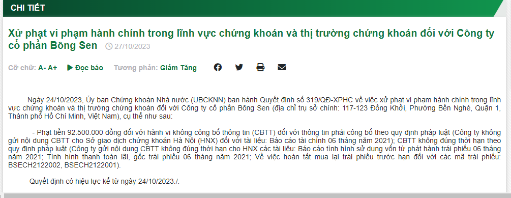 Thông tin xử phạt từ Ủy ban Chứng khoán Nhà nước