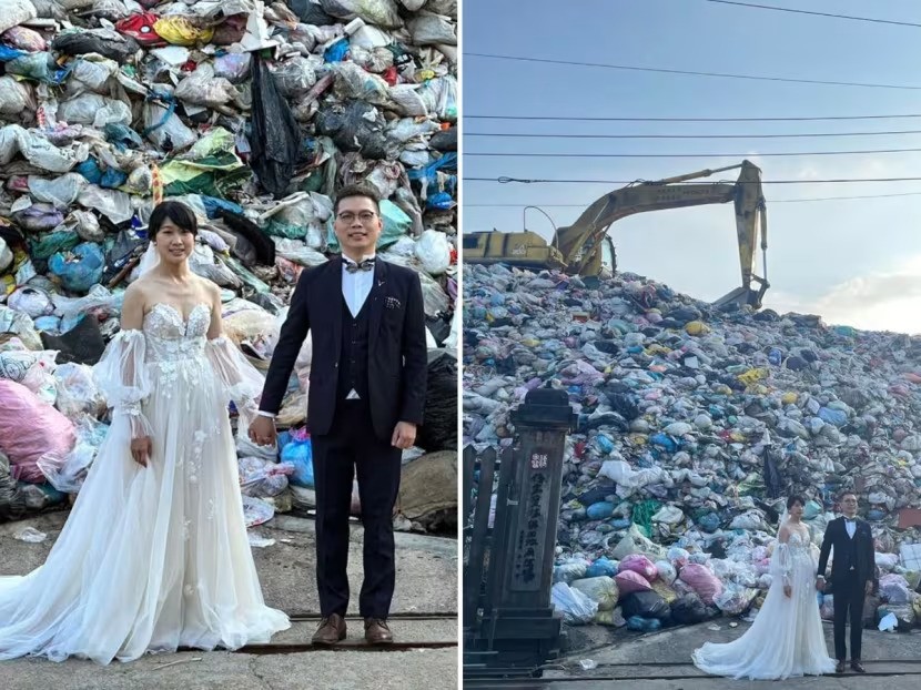 Iris Hsueh và vị hôn phu của mình chụp ảnh cưới trước bãi rác thị trấn Puli (Ảnh:  