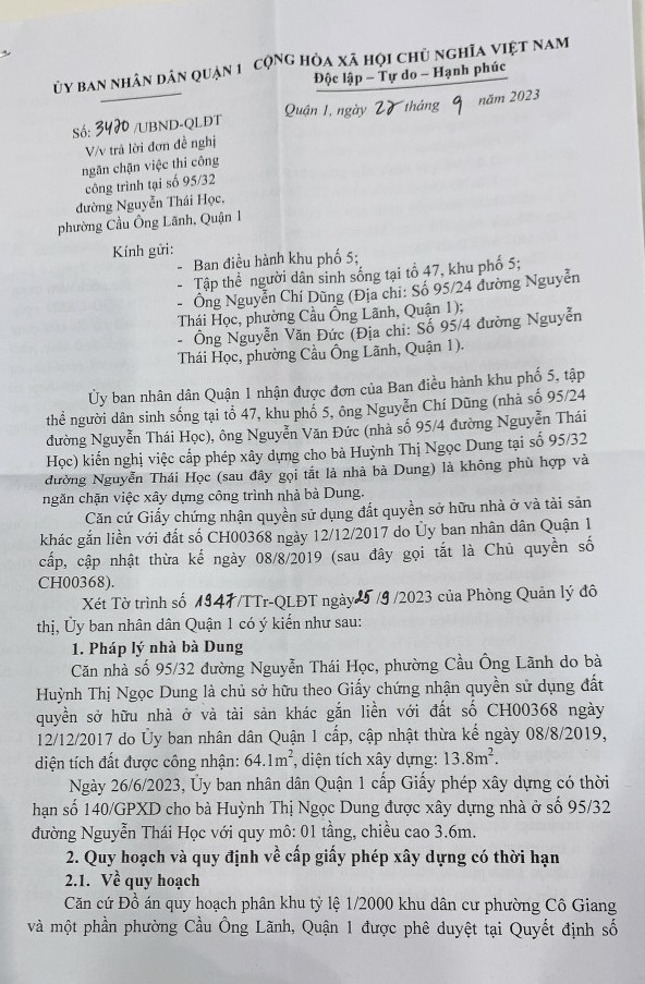 Văn bản trả lời đơn kiến nghị của các hộ dân tại hẻm 95 đường Nguyễn Thái Học