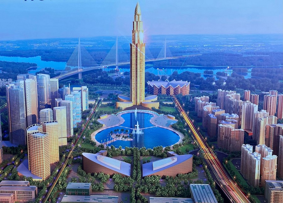 Phối cảnh Thành phố thông minh Bắc Hà Nội với Tháp tài chính 108 tầng ở vị trí trung tâm.