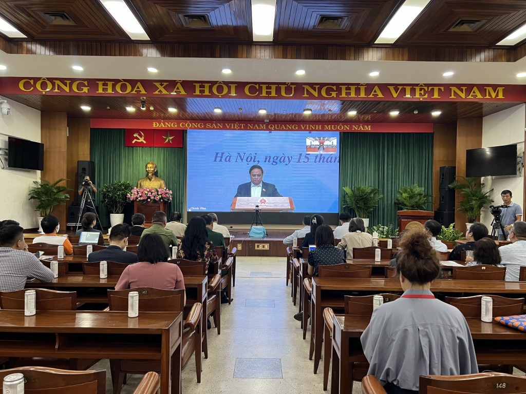 Không gian buổi Hội nghị trực tuyến với Thủ tướng Chính phủ Phạm Minh Chính ngày 15/11 tại TP Hồ Chí Minh