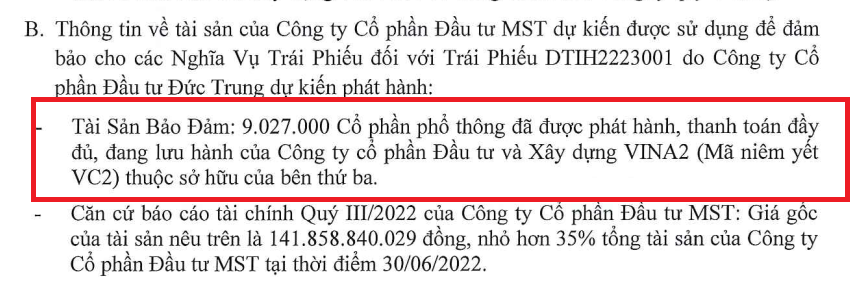 MST sử dụng 9.027.000 cổ phần của VINA2 để làm tài sản đảm bảo cho lô trái phiếu trên của Công ty Đức Trung