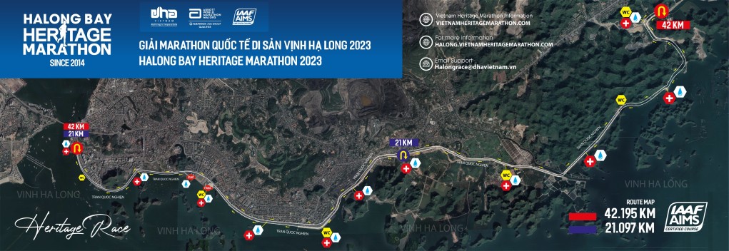 Sơ đồ đường chạy Halong Bay Heritage Marathon 2023, cự ly 42,195km và 21km.