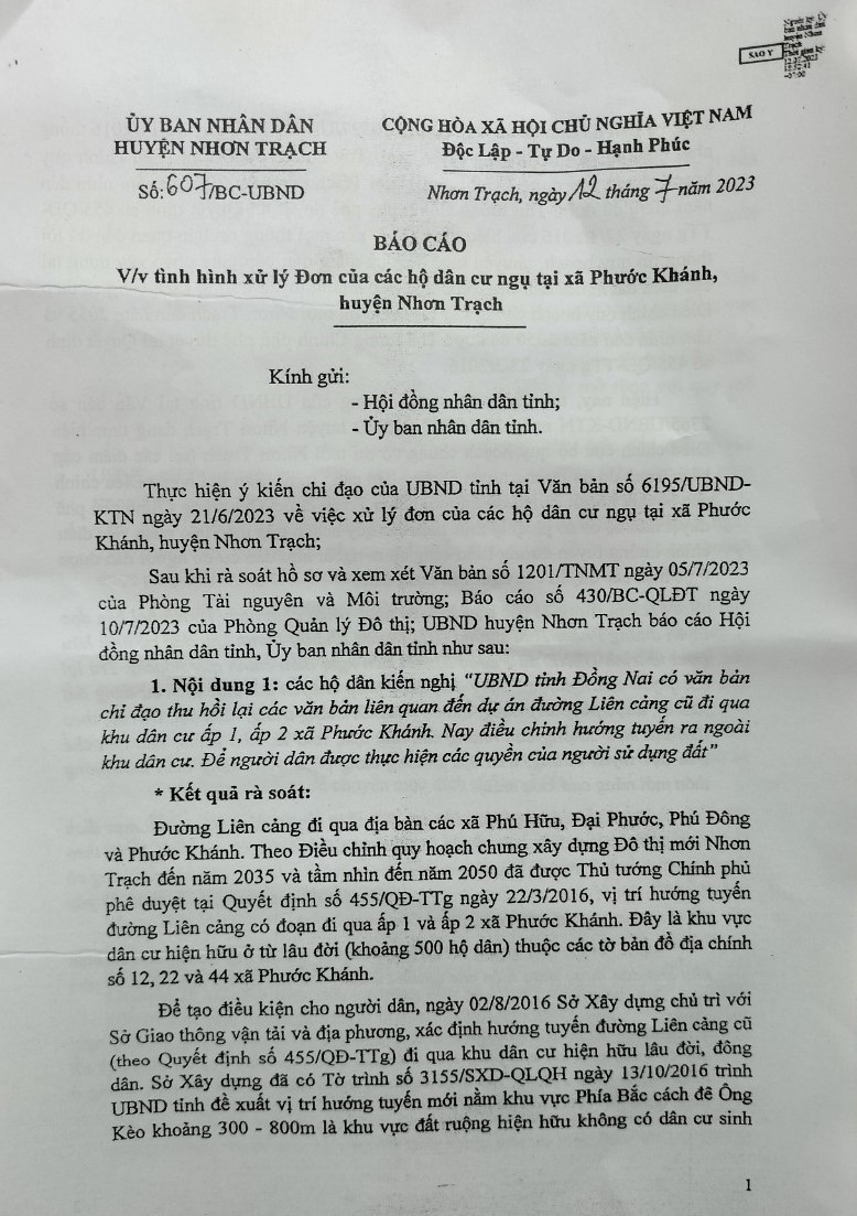 báo cáo về tình hình xử lý đơn của các hộ dân liên quan đến tuyến đường Liên Cảng mới gửi HĐND và UBND tỉnh Đồng Nai của UBND huyện Nhơn Trạch 