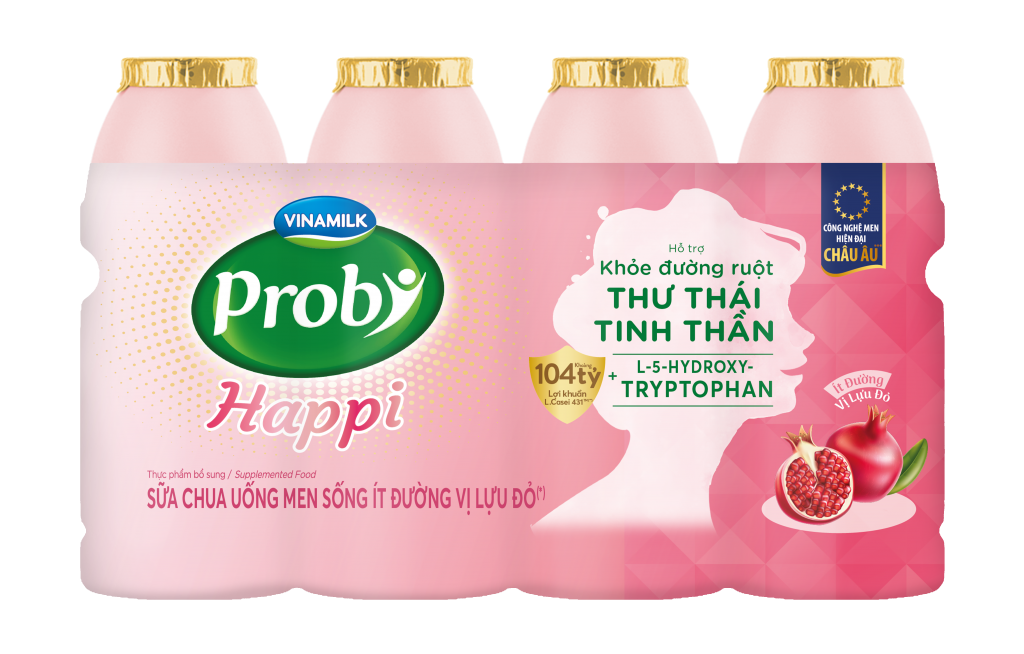 Sữa chua uống men sống ít đường vị lựu đỏ Probi Happi, bổ sung 104 tỷ lợi khuẩn Probiotics L. Casei 431TM từ Châu Âu, cùng L-5-Hydroxytryptophan giúp thư thái tinh thần.