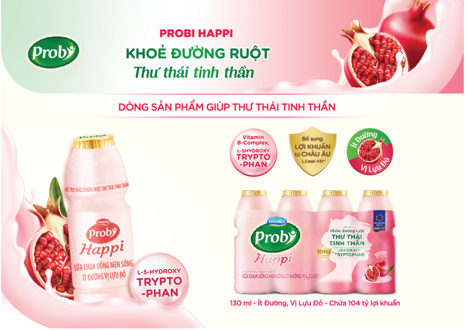 Sữa chua uống men sống ít đường vị lựu đỏ Probi Happi, bổ sung khoảng 104 tỉ lợi khuẩn Probiotics L. Casei 431TM từ Châu Âu, cùng L-5-Hydroxytryptophan giúp khỏe đường ruột, thư thái tinh thần.