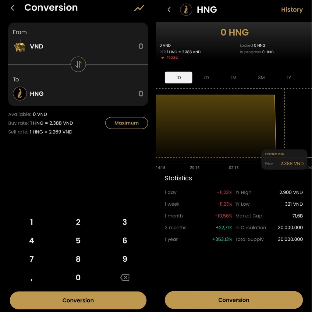 Giao diện về token HNG trên app HanaGold