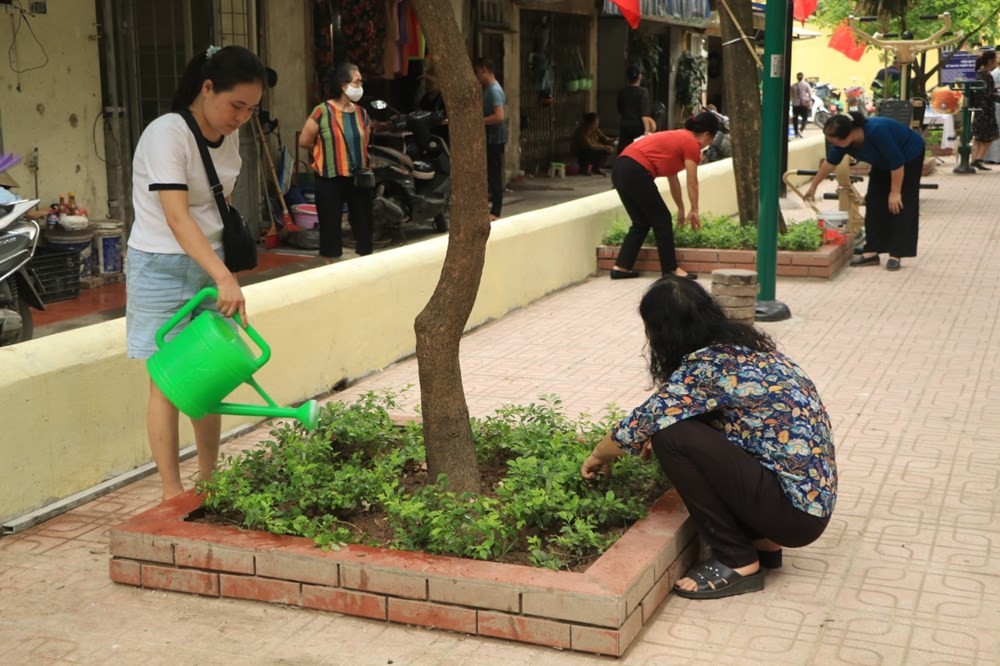 Người dân chăm sóc cảnh quan không gian chung trên địa bàn quận Ba Đình (Hà Nội)