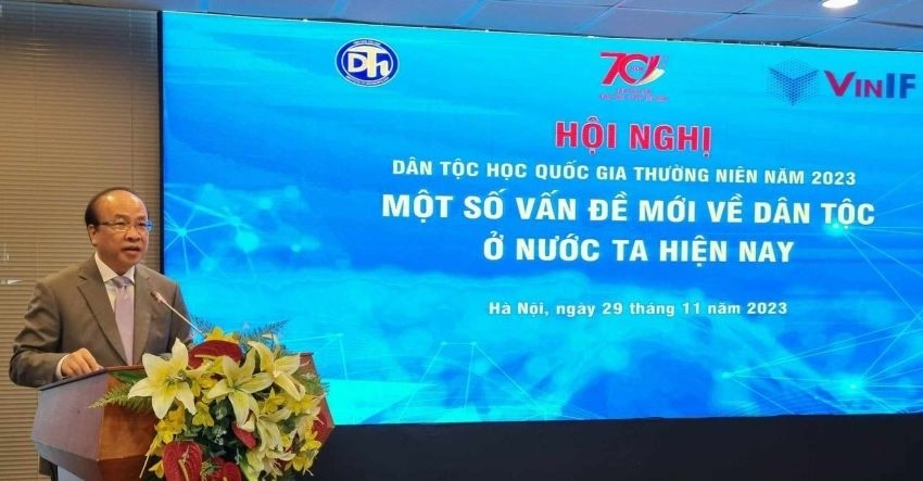 Tiến sỹ Phan Chí Hiếu, Chủ tịch Viện Hàn lâm Khoa học xã hội Việt Nam phát biểu khai mạc Hội nghị. Ảnh: Hiền Vinh/ TTXVN. 