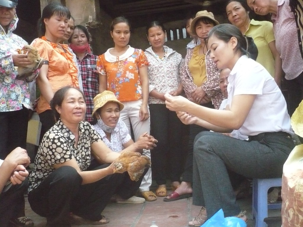 Giáo viên trường Trung cấp nghề Hội Nông Dân Việt Nam đang hướng dẫn kỹ thuật tiêm phòng dịch trên gia cầm cho học viên lớp chăn nuôi thú y xã Cổ Loa (Đông Anh, Hà Nội)