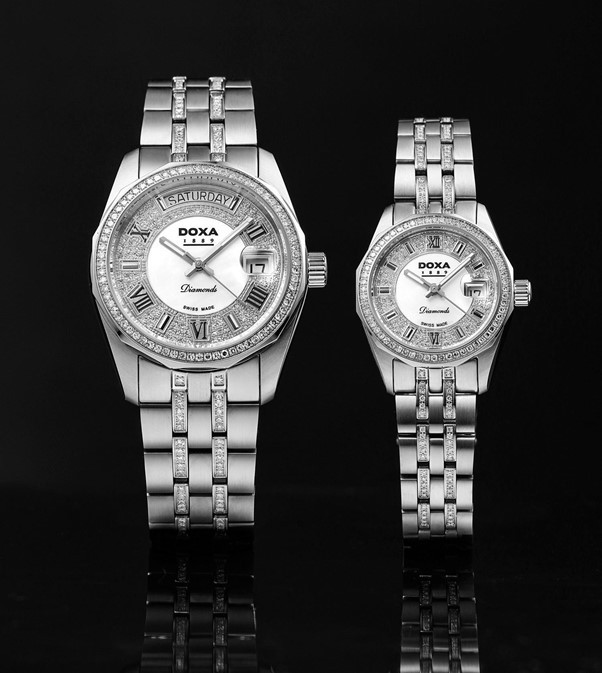 Kiểu dáng sang trọng và tối giản trên chiếc đồng hồ nạm kim cương Doxa Noble Deluxe D105SMW