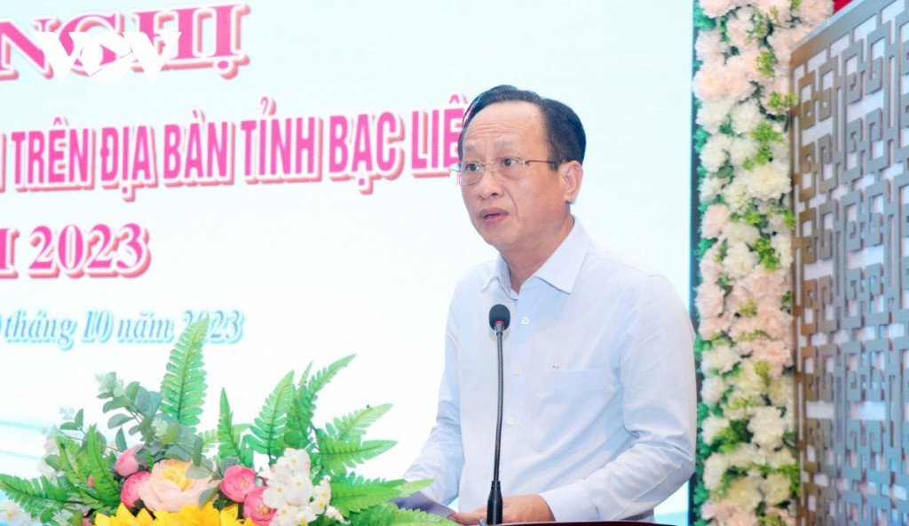 Phó Bí thư Tỉnh ủy, Chủ tịch UBND tỉnh Bạc Liêu Phạm Văn Thiều phát biểu tại hội nghị chuyên đề “Xuất khẩu tôm trên địa bàn tỉnh Bạc Liêu năm 2023” 