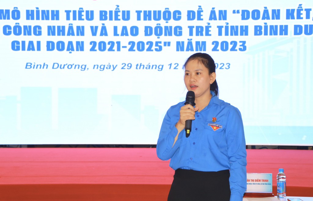 Bí thư Tỉnh đoàn Bình Dương Trần Thị Diễm Trinh phát biểu tại hội nghị