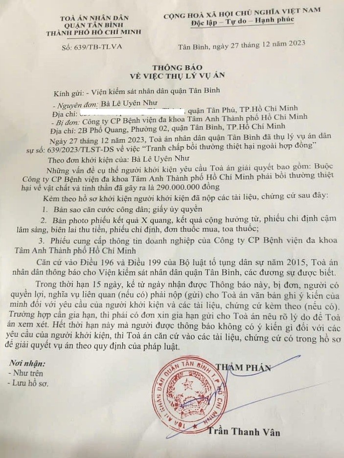 hông báo thụ lý vụ án của TAND quận Tân Bình về “Tranh chấp bồi thường thiệt hại ngoài hợp đồng” giữa bà Thư và Bệnh viện Tâm Anh