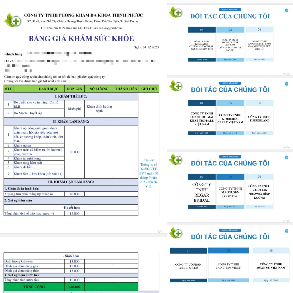Bảng báo giá và một phần hồ sơ năng lực của Công ty TNHH Phòng Khám Đa Khoa Thịnh Phước gửi khách hàng