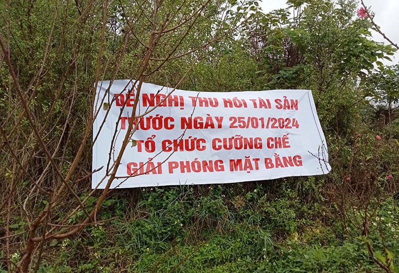 Lực lượng chức năng quận Nam Từ Liêm căng băng rôn tuyên truyền vận động các hộ dân thu thoạch cây trái để tổ chức thực hiện cưỡng chế