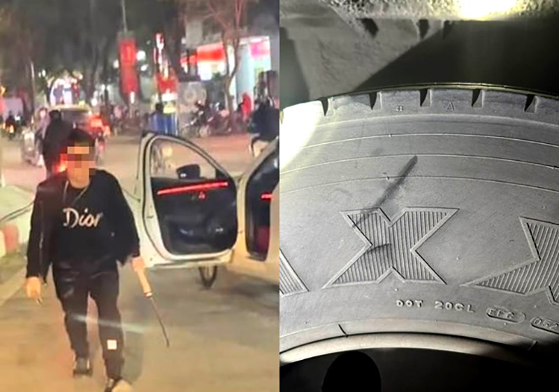 Hình ảnh tài xế điều khiển xe Mazda cầm dao chém rách lốp xe buýt được chia sẻ trên mạng xã hội