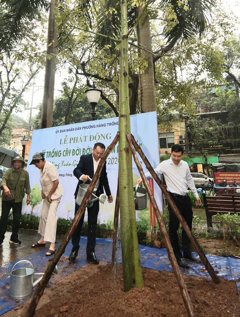 Lãnh đạo Đảng uỷ, UBND phường Hàng Trống thực hiện trồng cây xanh tại vườn hoa Tây Sơn