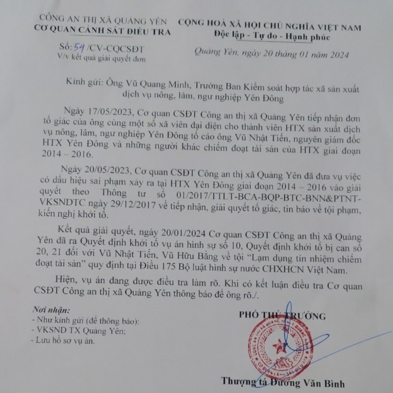 Công văn số 54/CV-CQCSĐT của Công an Thị xã Quảng Yên gửi ông Vũ Quang Minh - Trưởng Ban kiểm soát HTX Yên Đông về vụ án
