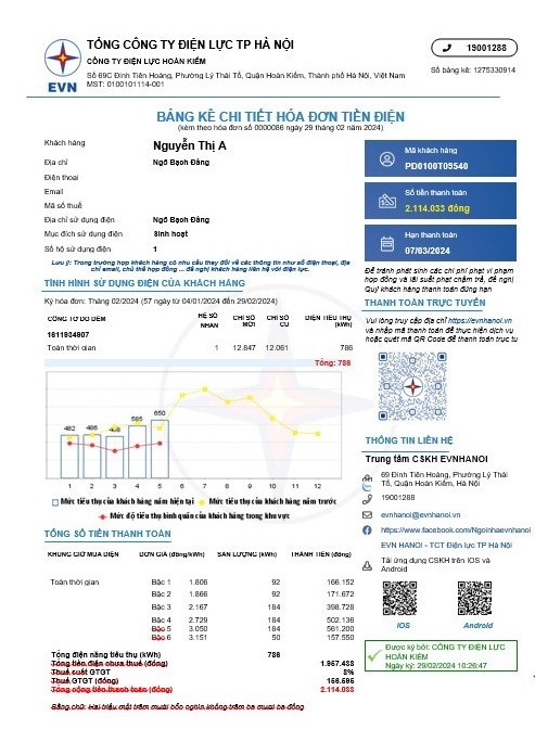 Ví dụ bảng kê chi tiết hóa đơn tiền điện tháng thay đổi lịch ghi chỉ số công tơ năm 2024
