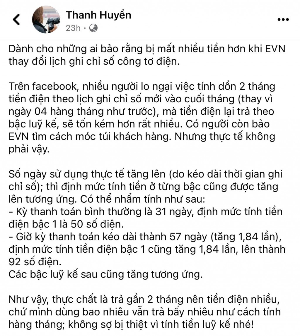 Ý kiến của khách hàng Thanh Huyền khi nhận hóa đơn tiền điện