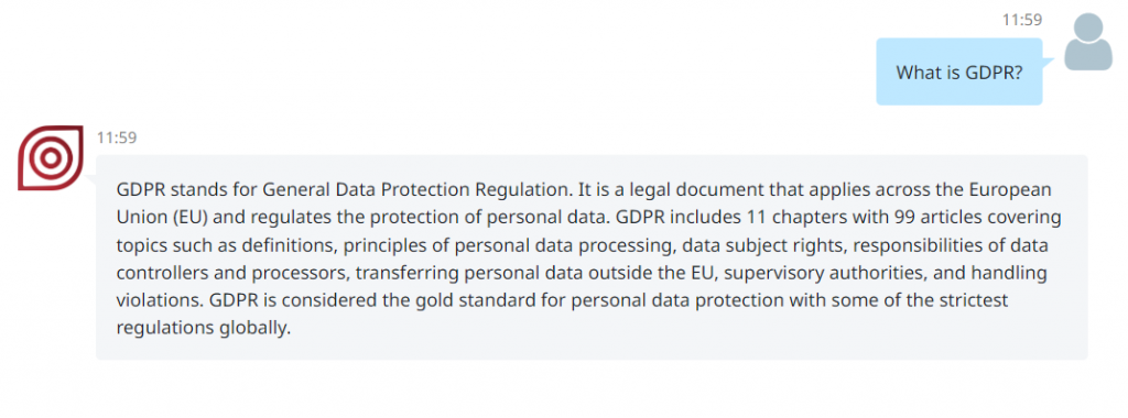 PrivacyChatbot trả lời câu hỏi về quy định pháp lý EU bằng tiếng anh