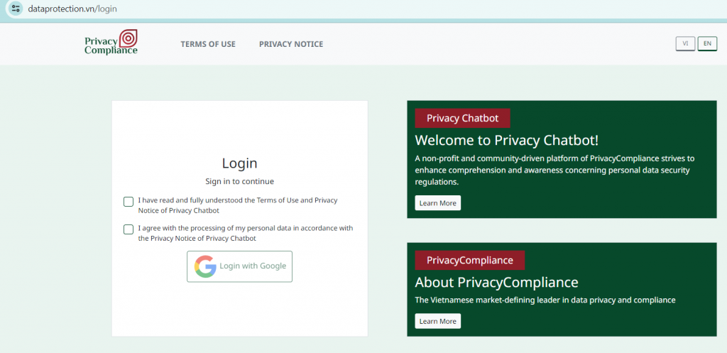 Giao diện truy cập PrivacyChatbot