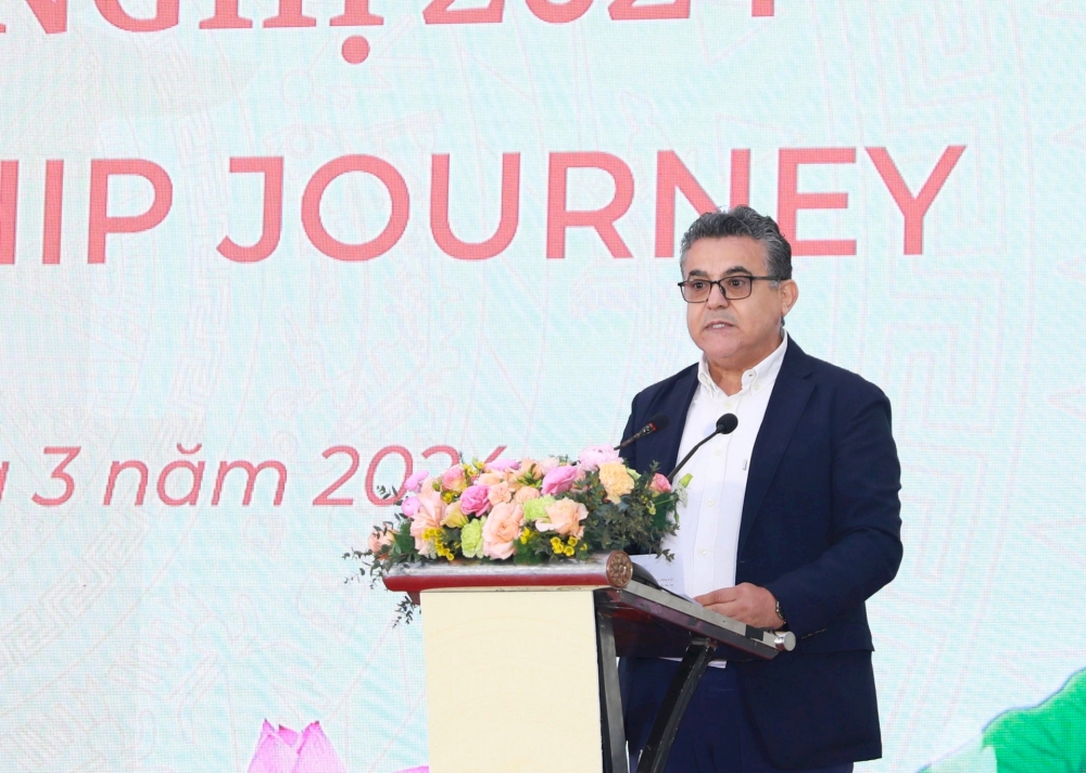 Đại sứ Palestine, Trưởng đoàn Ngoại giao tại Việt Nam Saadi Salama phát biểu tại sự kiện.