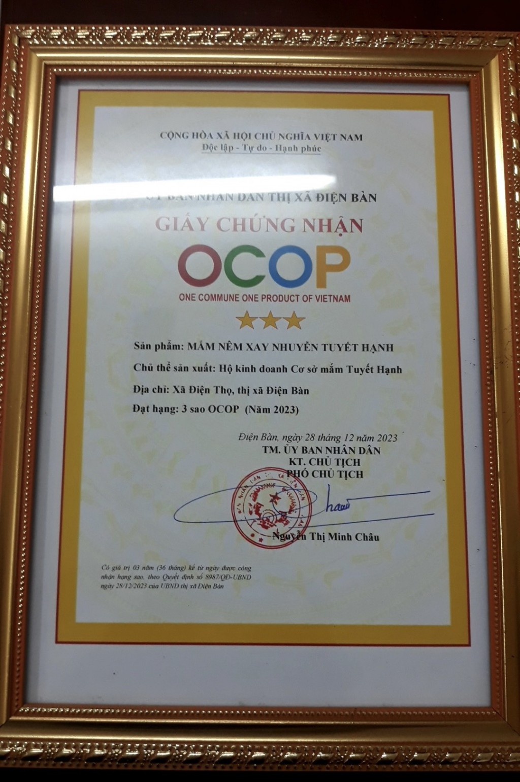 Năm 2023 vừa qua, đơn vị được Ủy ban Thị xã Điện Bàn, tỉnh Quảng Nam, cấp giấy chứng nhận sản phẩm OCOP 3 sao