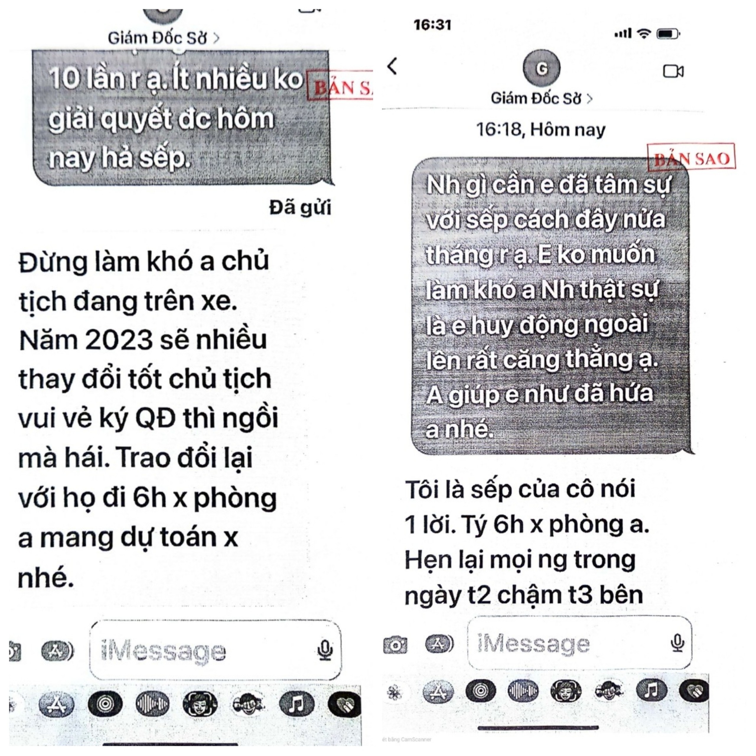 Một số tin nhắn của Giám đốc Sở tài chính do bà Tú tự mạo ra để lừa gạt ông Công