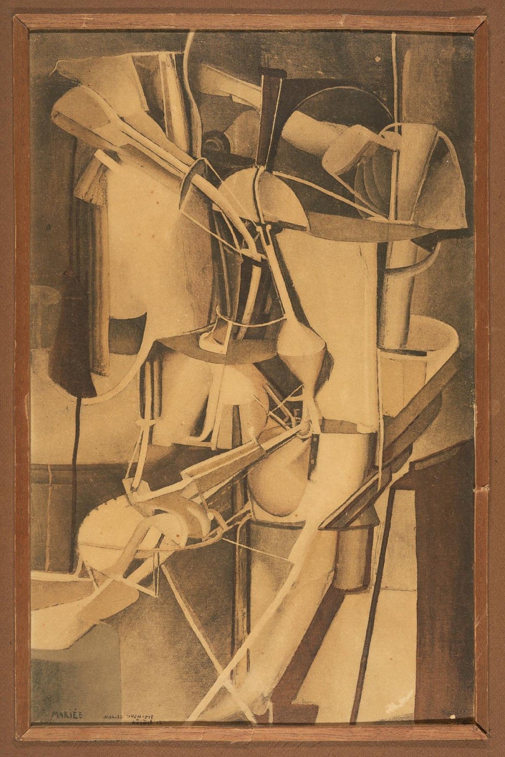 Tác phẩm La Mariée - Cô dâu - Tái tạo khuôn màu với tem thuế 5 cents, trên giấy nhăn -1937 của nghệ sỹ Marcel Duchamp