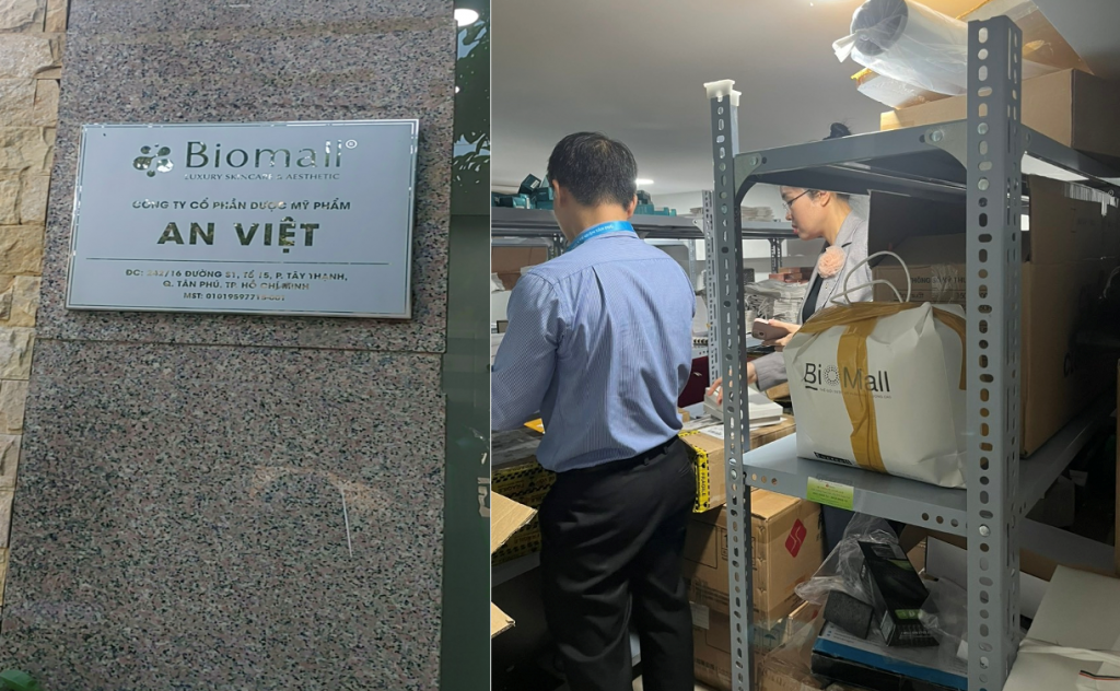 Thanh tra Sở Y tế kiểm tra tại kho Chi nhánh Công ty Cổ phần Dược Mỹ phẩm An Việt phát hiện các sản phẩm mỹ phẩm có nhãn tiếng nước ngoài (Hàn Quốc, Nga…) không nhãn phụ tiếng Việt (ảnh: Sở Y tế)