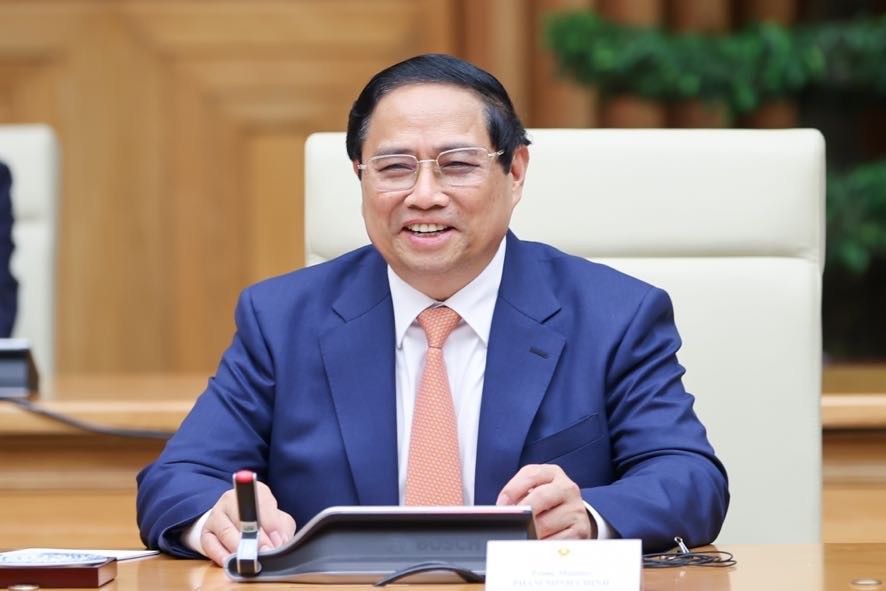 Thủ tướng Phạm Minh Chính chúc mừng Thủ tướng Sonexay Siphandone nhân dịp năm mới Bun Pi May của Lào và cảm ơn Thủ tướng Lào đã nhận lời tham dự và phát biểu tại Diễn đàn Tương lai ASEAN - Ảnh: VGP/Nhật Bắc