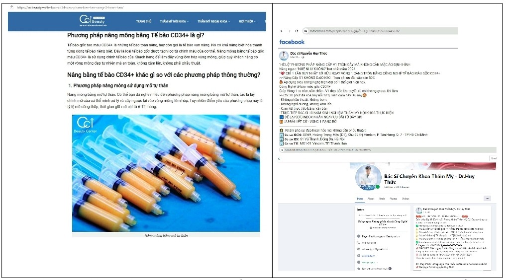 Công nghệ tế bào gốc CD34+ sử dụng nâng ngực, nâng mông... của CCI Beauty được quảng cáo trái phép trên website và các trang facebook có liên quan đến cơ sở (ảnh: Sở Y tế TP HCM)