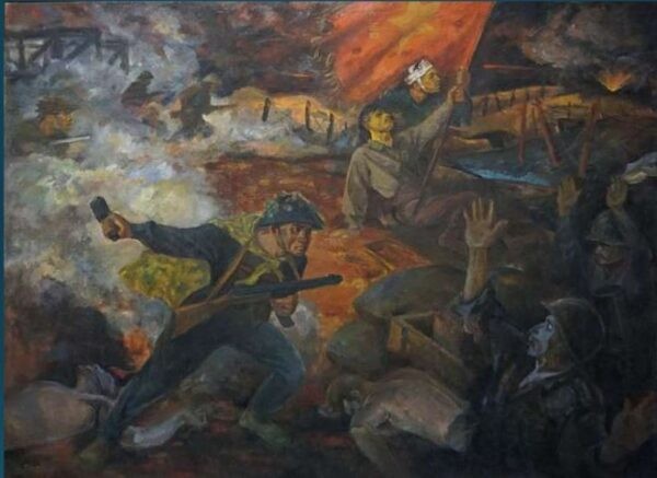 Tác phẩm “Đánh vào trung tâm Điện Biên Phủ”, sơn dầu của Nguyễn Thế Vỵ