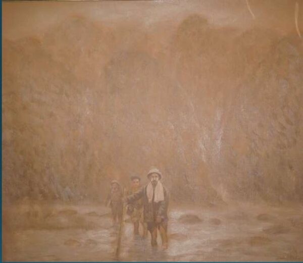 Tác phẩm “Hồ Chủ tịch lội suối đi công tác”, tranh sơn dầu của Bùi Văn Hoan